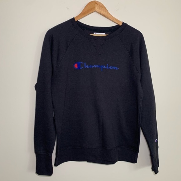 CHAMPION Crew Neck Script‎ Logo Sweatshirt Black Blue Medium - Picture 1 of 7